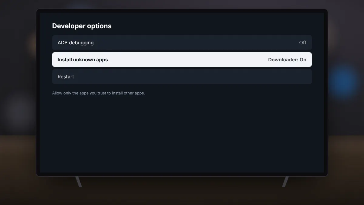 Television showing a Fire TV style settings menu for installing an app