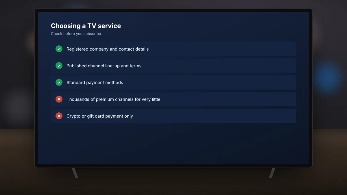 Living room television with a checklist for choosing a legal TV service