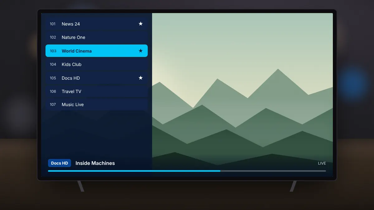 Television showing a favourites list of channels and series