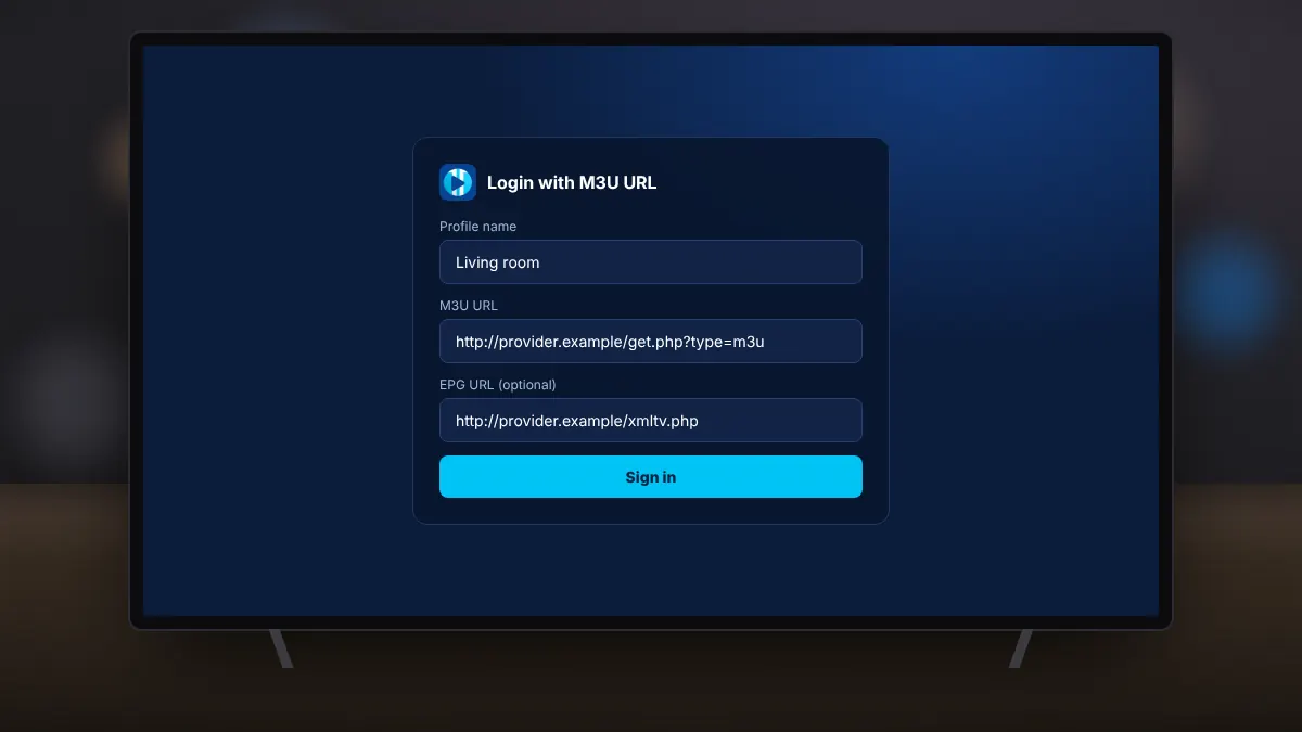 Television showing a channel list loaded from an M3U playlist