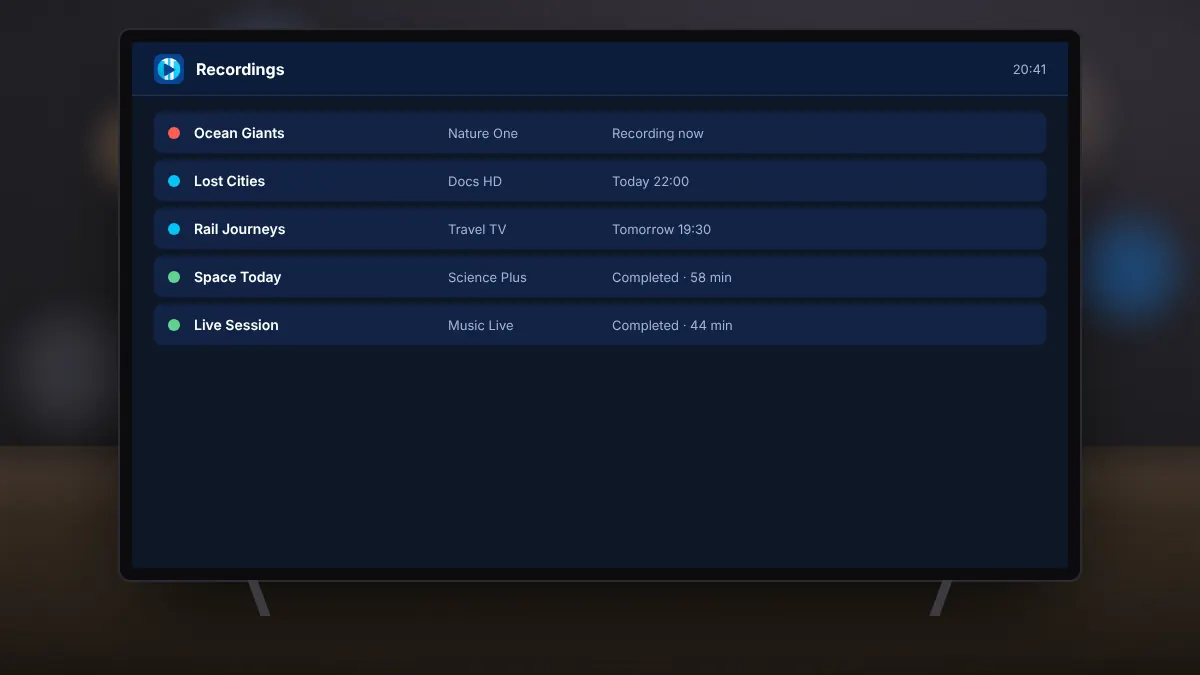 Television showing a list of scheduled and completed recordings