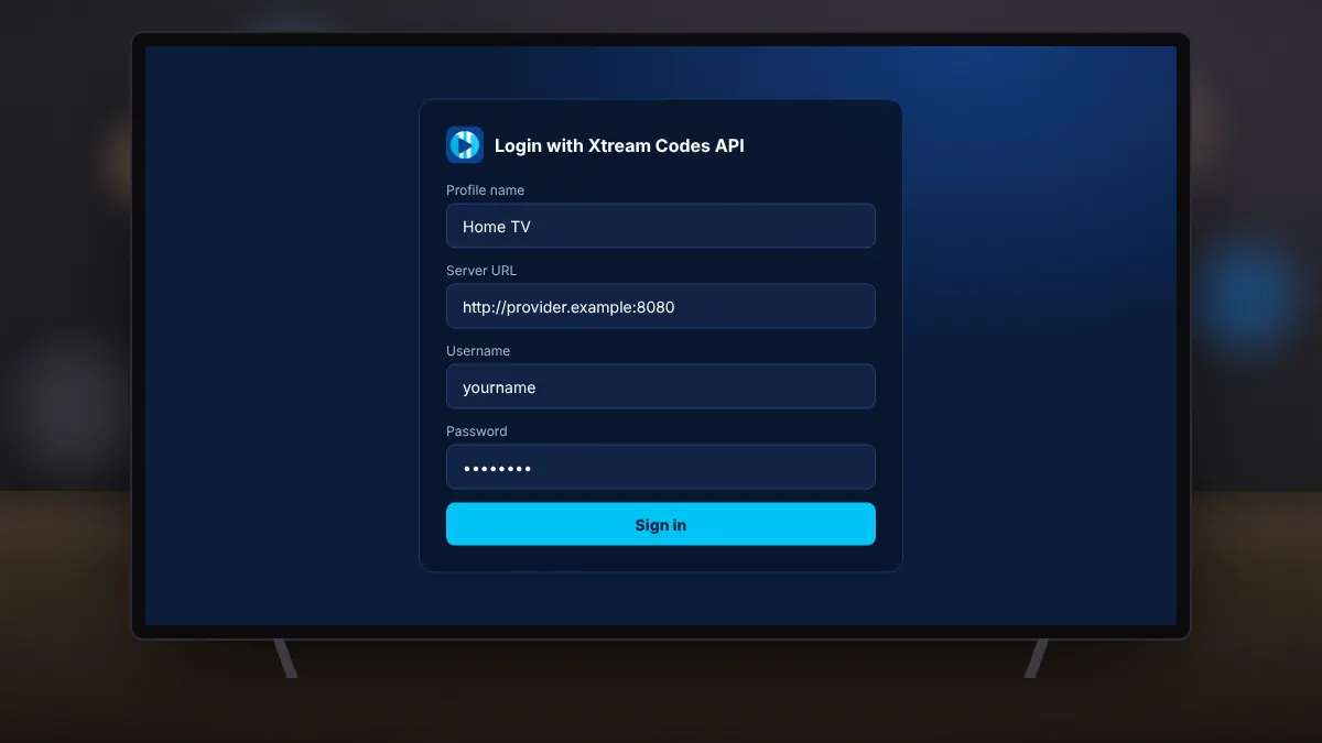 TV screen showing a login form with server, username and password fields