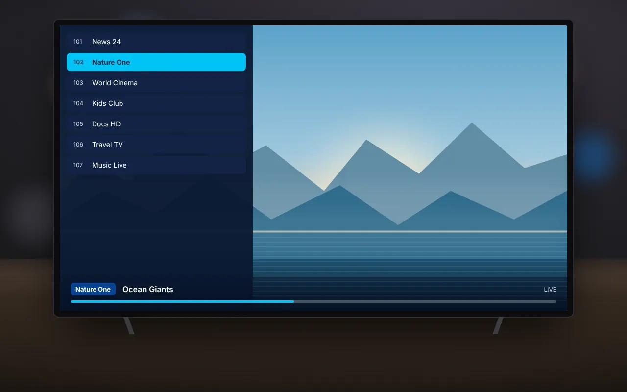 XCIPTV Player showing a TV guide on a living room television